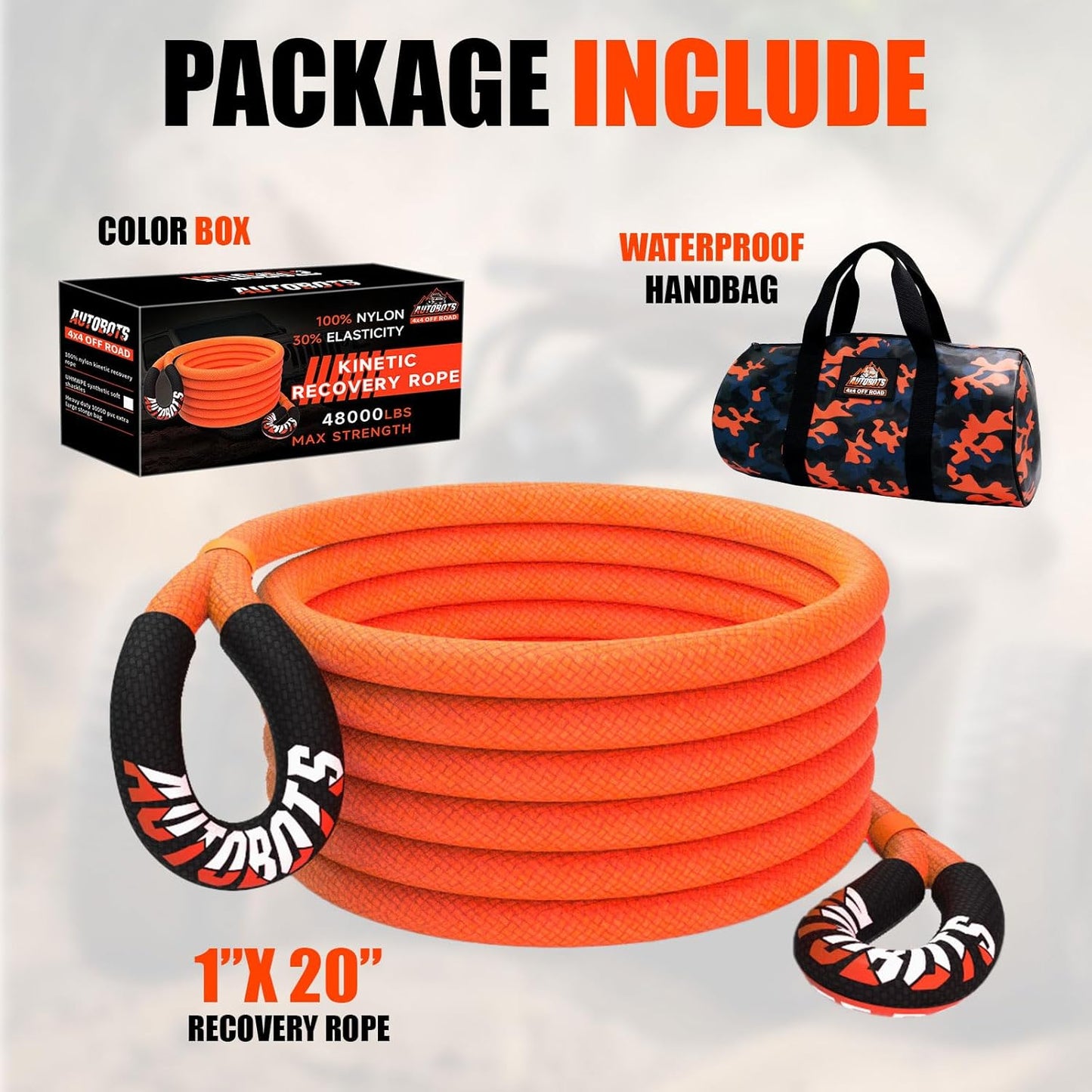 AUTOBOTS 1" x 20'Kinetic Recovery Rope (48,600lbs),Heavy Duty Tow Rope Tow Strap for Truck ATV UTV SUV Car,Offroad Recovery Kit