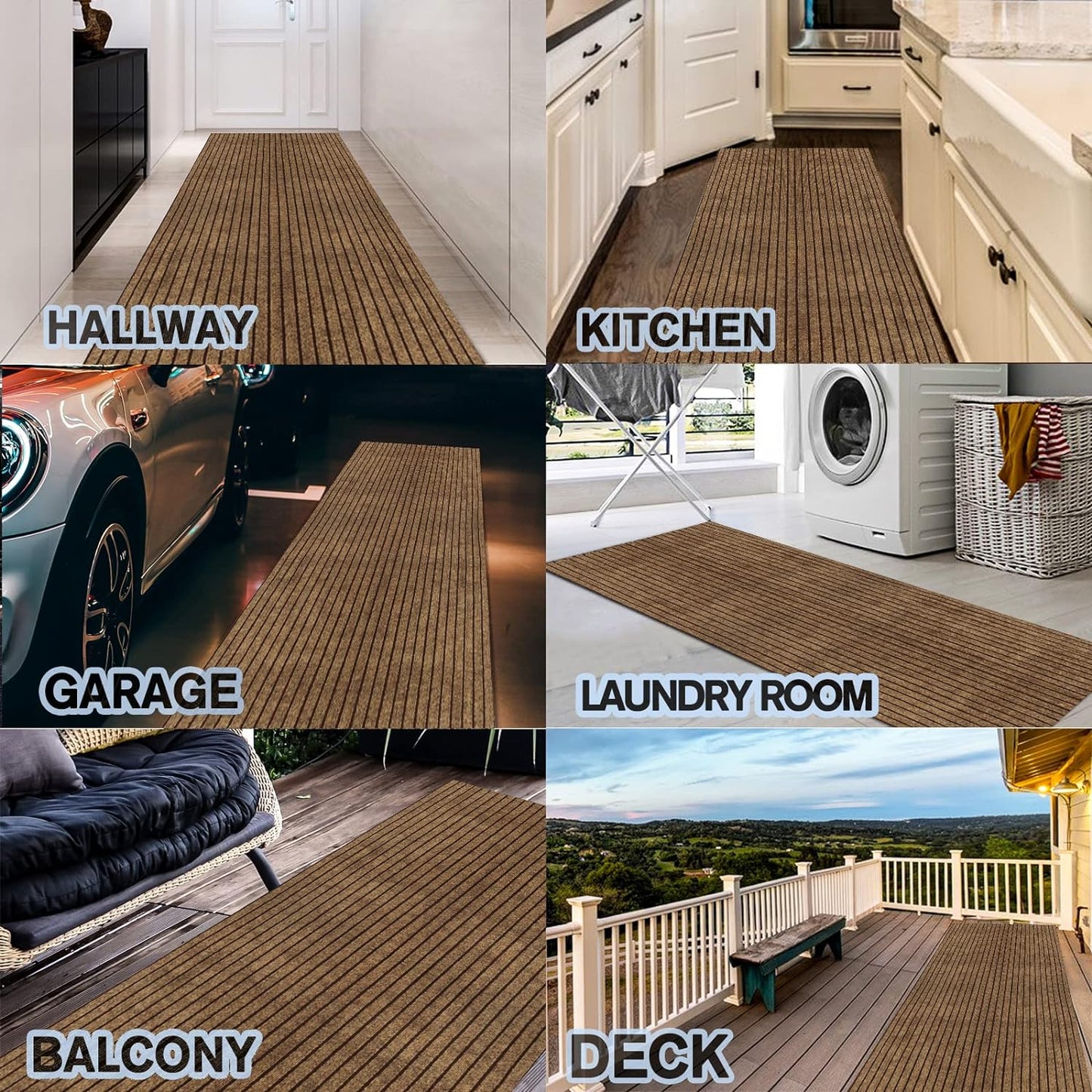 Custom Size Backed Non-Slip Area Rugs Runner, Easy Clean, Waterproof Runner Rugs for Hallway Entryway, Kitchen, Laundry, 2FT x 66FT, Brown Stripe