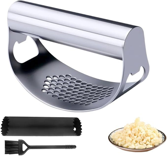 Stainless Steel Garlic Press, 2025 New Arc Shape Stainless Steel Ring Garlic Chopper, Garlic Presse Rocker Garlic Press Mincer Crusher Press, Kitchen Heavy Duty Handle Garlic Chopper (1)