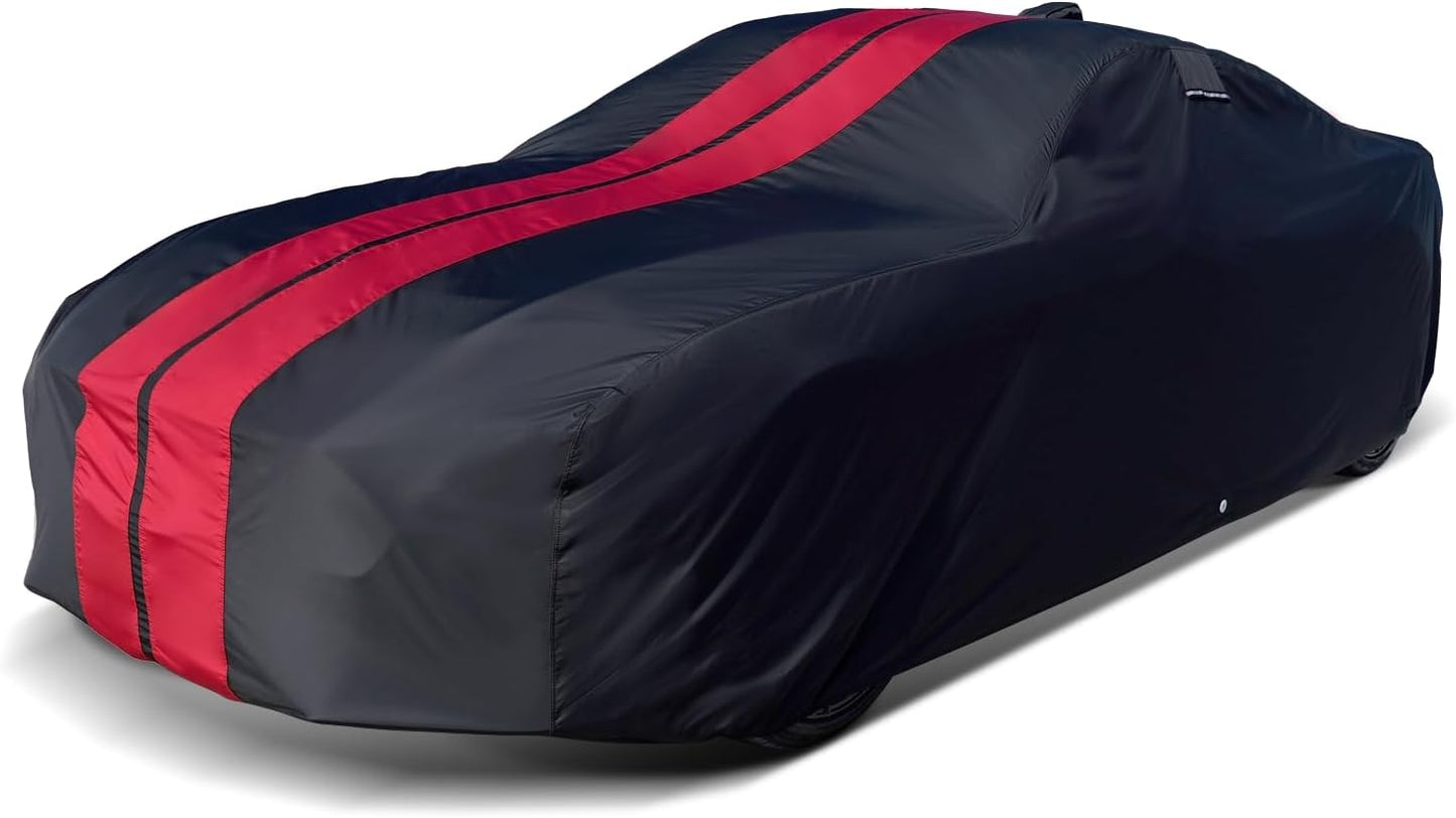 iCarCover Custom Car Cover for Pontiac Phoenix (1980-1984) Waterproof All-Weather Rain Snow UV Sun Protector Full Exterior Indoor Outdoor Car Cover (Stripe - Black/Red)