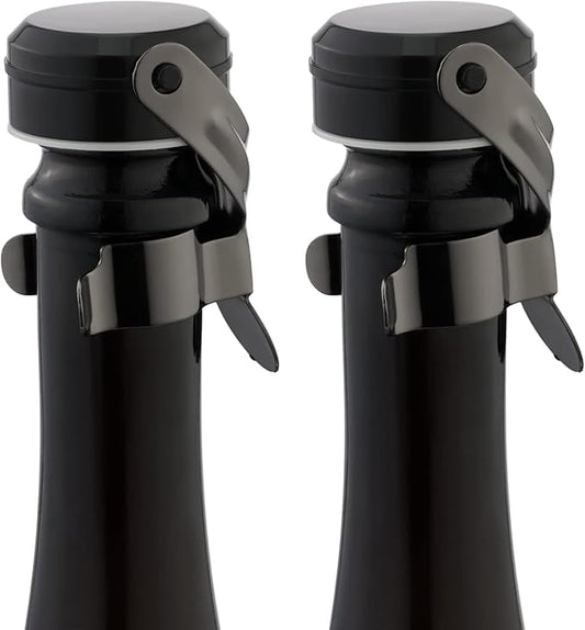 WOTOR Champagne&Wine Bottle Stoppers Stainless Steel with Food Grade Silicone, Leak Proof Keep Fresh Reusable Saver, Cork Suitable for Wine, Champagne, Cava, Prosecco and Sparkling (2 Pack Black）