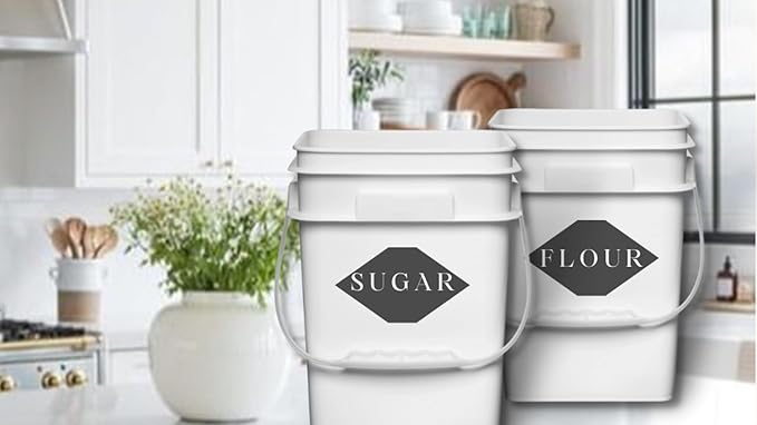 House Naturals 4 Gallon Square Food Grade Bucket Pail with Plastic Handles and Lid (Pack of 3) Made in USA containers (White - Black lids)