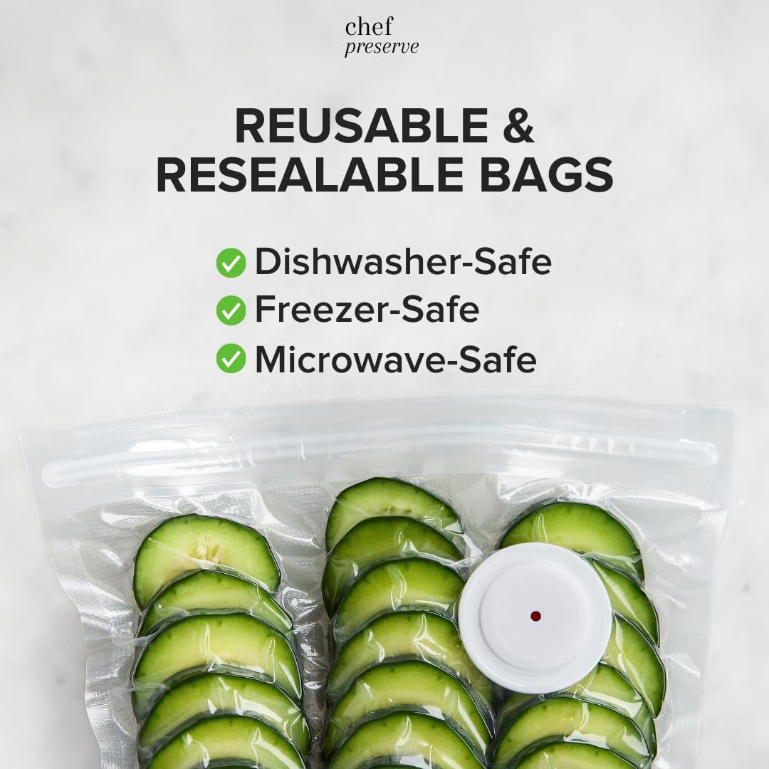 Chef Preserve Reusable Vacuum Sealer Bags for Food – 30 BPA-Free XL Large (12 x 20 in) Food Storage Bags, Freezer, Microwave – Odor-Resistant, Leak-Proof – Compatible with Chef Preserve Vacuum Sealers