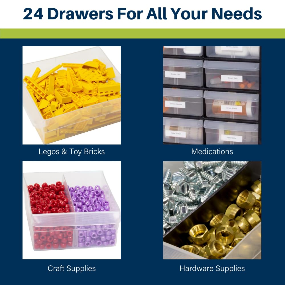 Akro-Mils 24-Drawer Plastic Drawer Storage Cabinet for Garage Organization, Bead Organizer, Building Bricks Storage, Teacher Toolbox, Makeup Organizer, 20-Inch W x 6-Inch D x 16-Inch H, 10124 White