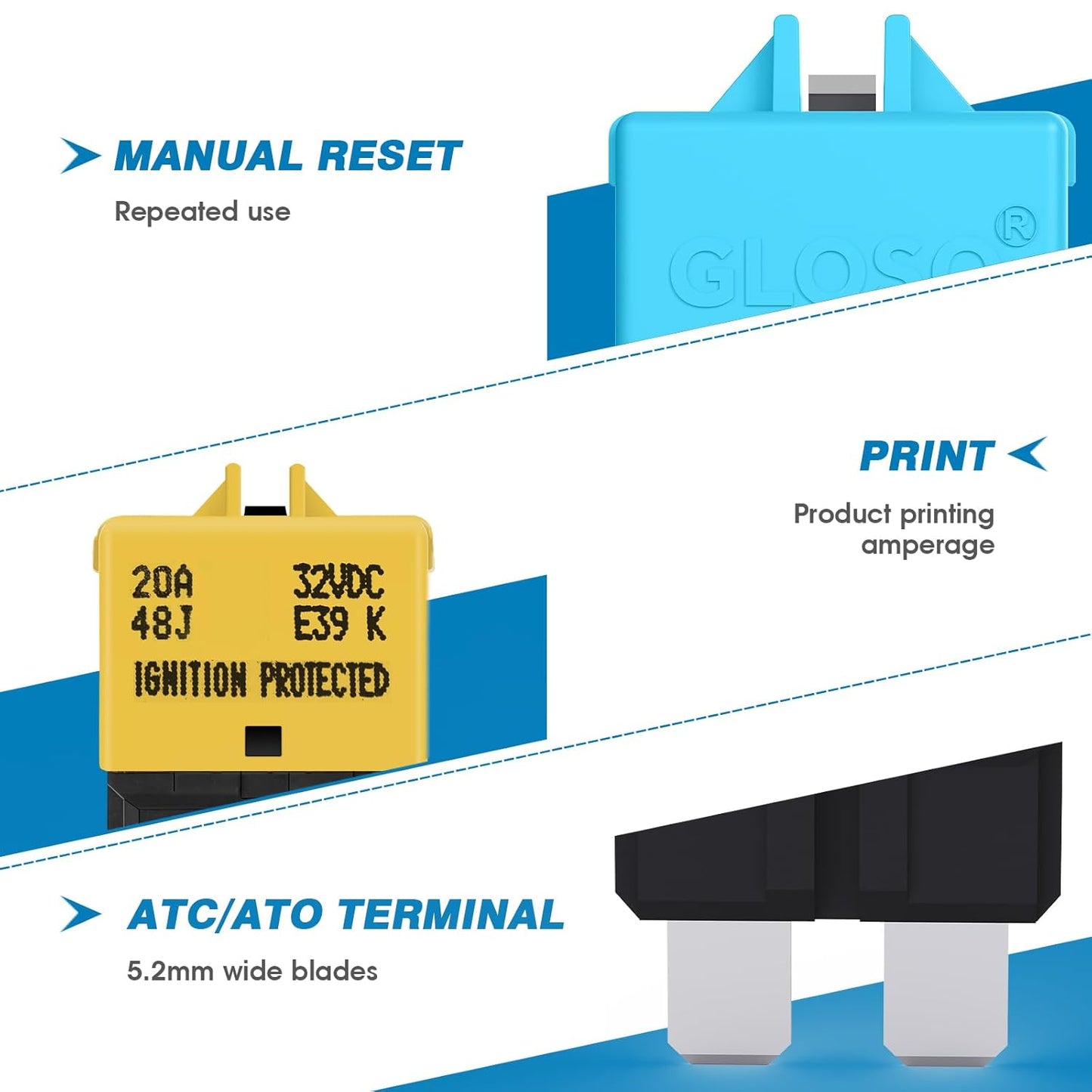 GLOSO Circuit Breaker E39 (T3) Manual Reset Fuse for Car Truck RV Automotive Marine Boat Trolling Motor & Custom Wiring Audio Battery Protection/Low Profile ATC/ATO (10A - 5 Pack)