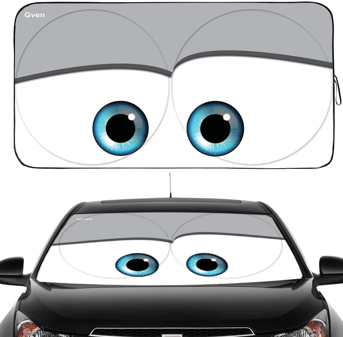 Gven Windshield Sun Shade, 2025 Car Sun Shade Windshield for Front Window Funny Automotive Interior Cover Sun Visor Protector Blocks UV Rays Foldable 240T Keep Your Vehicle Cool(Eyes-Grey, L)