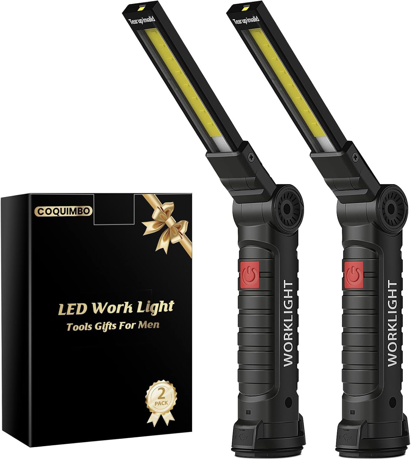 Coquimbo Tool Gifts for Men Dad Him Husband, Rechargeable LED Work Light BBQ Grill Light Accessories with Magnetic Base, 360° Rotate Mechanic Flashlight Stocking Stuffers for Men Adults (2 Pack Black)