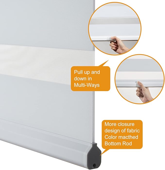 Persilux Cordless Zebra Blinds for Windows (58" W X 72" H, White) Free-Stop Roller Windows Shades Dual Layer Light Control for Day and Night, Light Filtering Sheer Shades for Home, Easy to Install