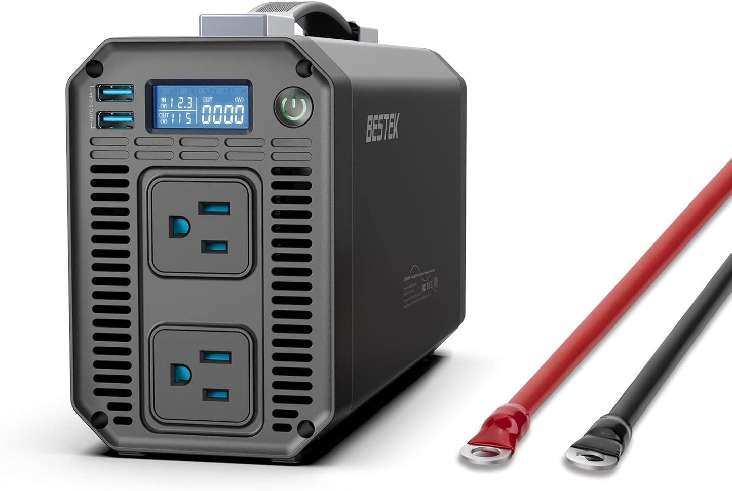 BESTEK 1200 Watt Power Inverter, 12V DC to 110V AC Car Inverter with LCD Display, 2 AC Outlets, 5V/2.4A USB Port, Cables Included, Car Power Converter for Truck, Home, Vehicles, Laptop