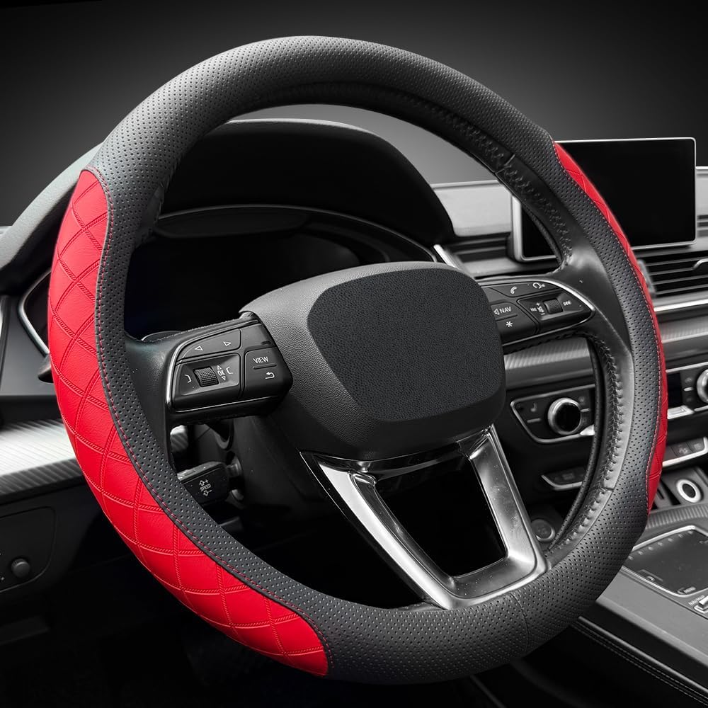 LKWLIKEI Nappa Leather Steering Wheel Cover, Elegant Diamond Checkered Design, Non-Slip wear-Resistant, Enhance Driving Comfort, Suitable for Steering Wheel Diameter 14 1/2‘-15’ Models .Black Red