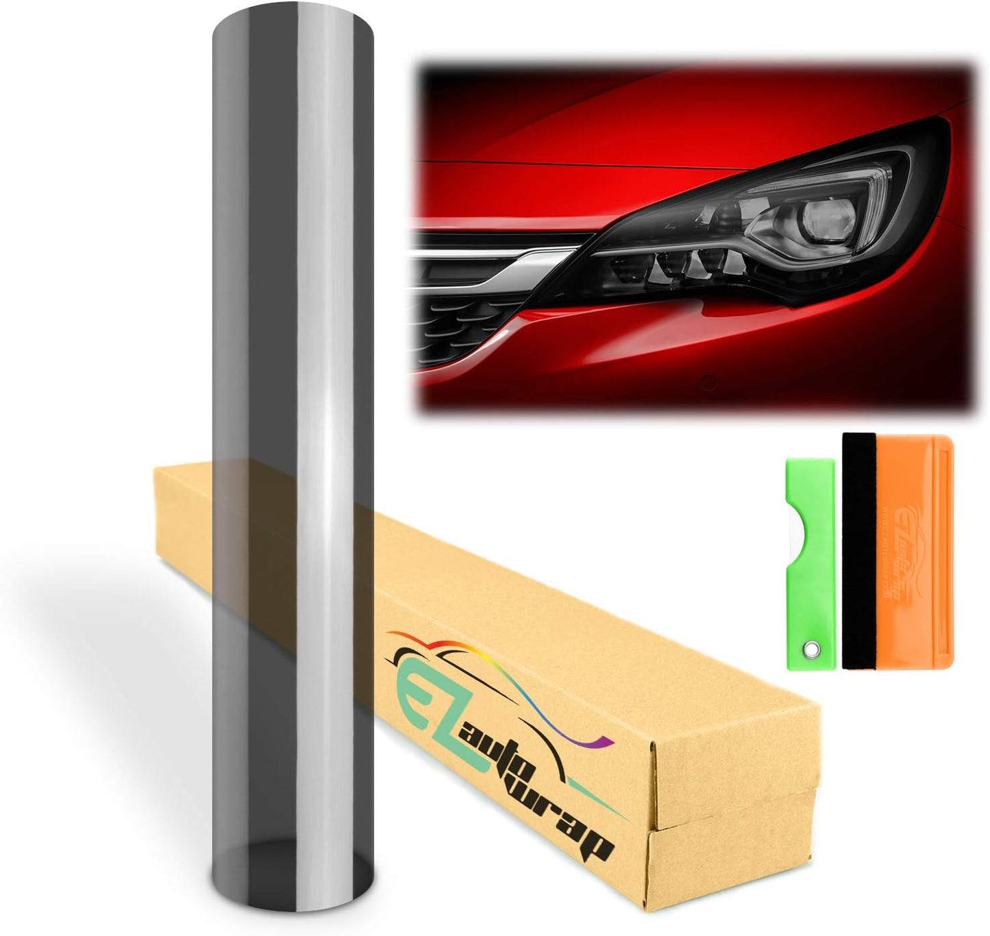 EZAUTO WRAP Free Tool Kit 12"x36" (1FT x 3FT) Glossy Medium Black Smoke Headlight Taillight Fog Light Side Marker Vinyl Tint Film Self Adhesive