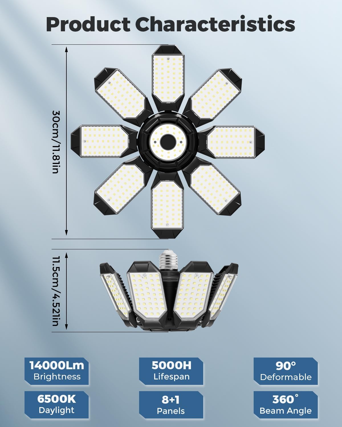 Adiding LED Garage Ceiling Lights 56000Lm 4 Pack w/ 8 Adjustable Panels, Super Bright Deformable Basement Lighting Fixture Screw in E26 Bulb Socket for Indoor Workshop, Attic, Storage, Bay, Home Gym