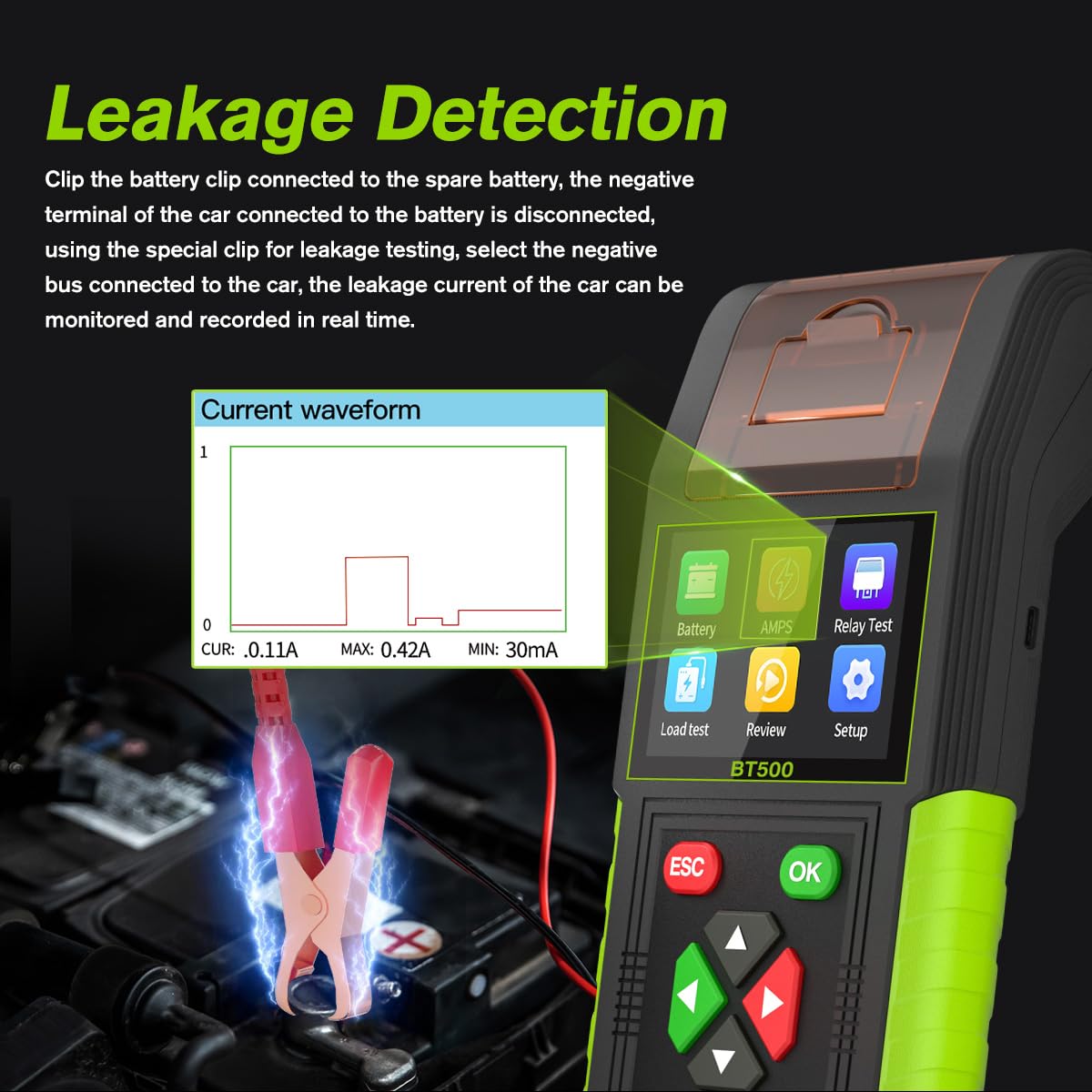 Automotive Battery Tester with Printer, 12V 24V Car Battery Load Tester and Alternator Tester, 20-2000 CCA Battery Capacity Tester, Relay Tester, Leakage Test for Heavy Duty Truck, BT500