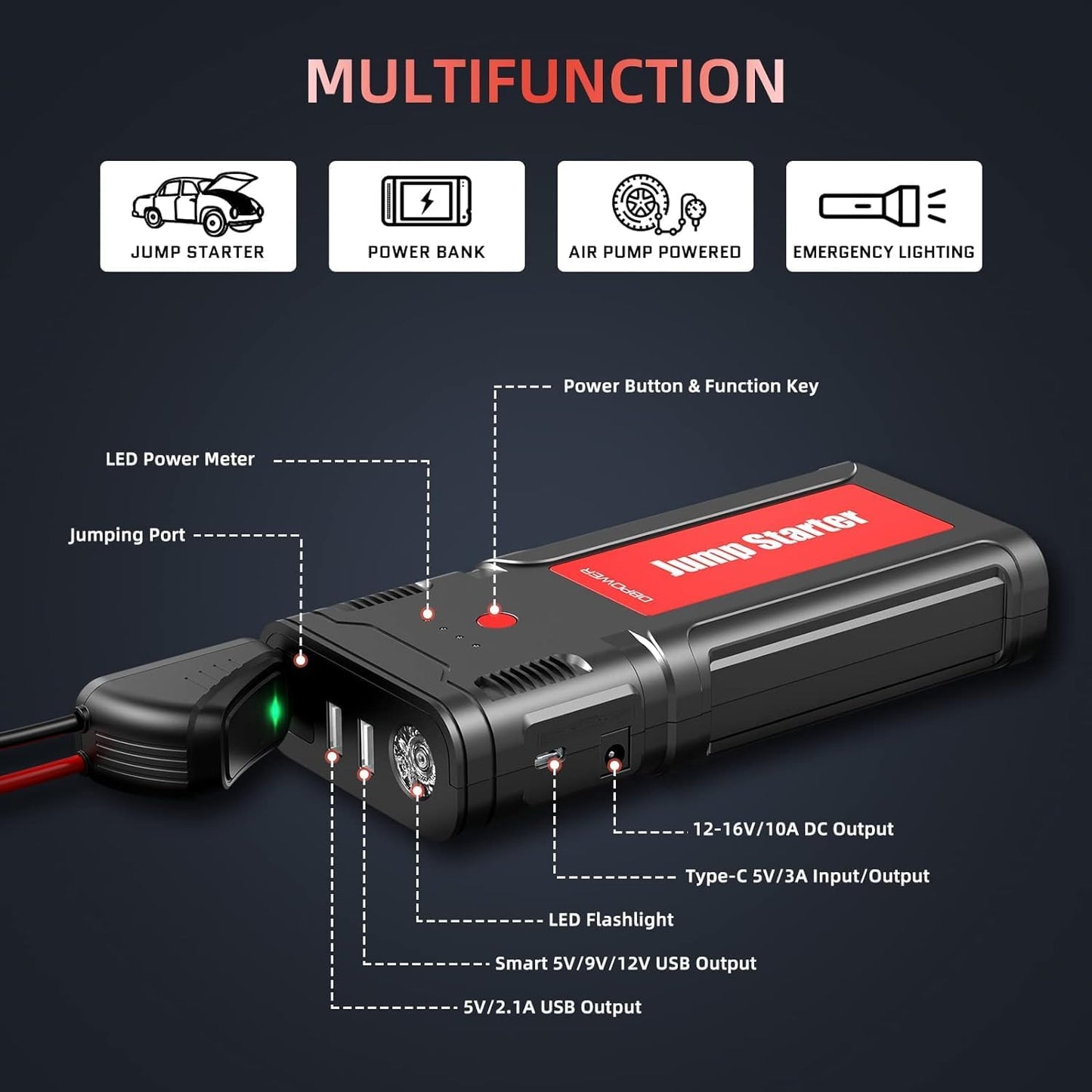 DBPOWER Jump Starter 2750A Peak 76.96Wh Portable Car Jump Starter (Up to 10L Gas/8L Diesel Engine) 12V Auto Battery Booster Pack with Smart Clamp Cables, Quick Charger, LED Light Jump Box