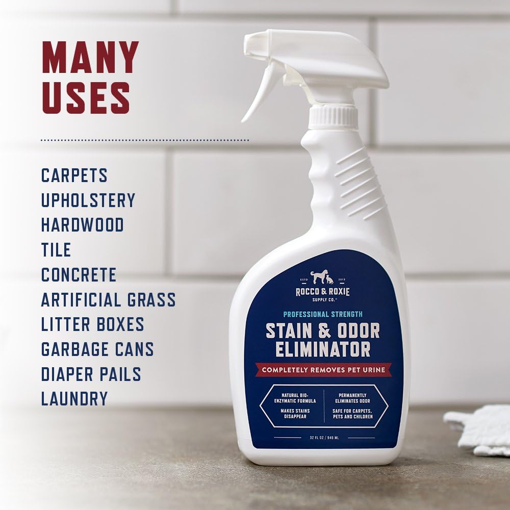 Rocco & Roxie Stain & Odor Eliminator for Strong Odor, 32oz Enzyme Pet Odor Eliminator for Home, Carpet Stain Remover for Cats & Dog Pee, Enzymatic Cat Urine Destroyer, Carpet Cleaner Spray