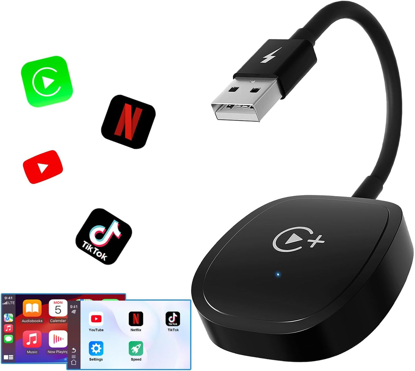 Wireless CarPlay Adapter, CarPlay Wireless Adapter Supports Netflix, YouTube, and Tiktok Stream Media Play, for OEM Wired CarPlay to Wireless Dongle, Fits for Cars from 2016 & iOS 10+ Phone