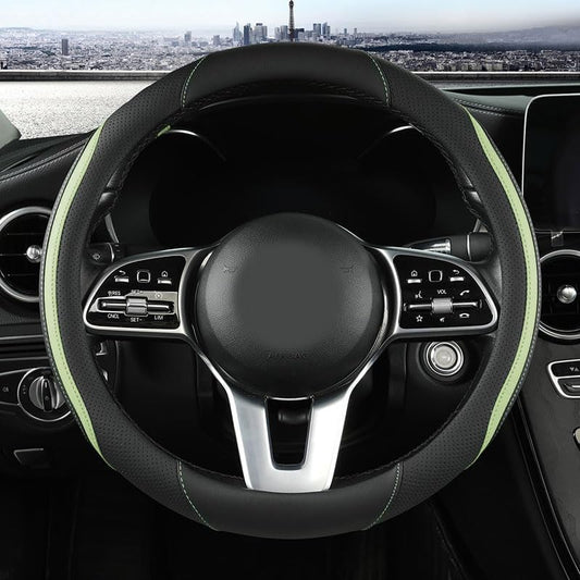 Car Steering Wheel Cover, Leather Steering Wheel Cover Green Universal 14.5-15 Inch Microfiber Leather Anti-Slip Breathable Auto Steering Wheel Covers for Men Women (Black&Green)
