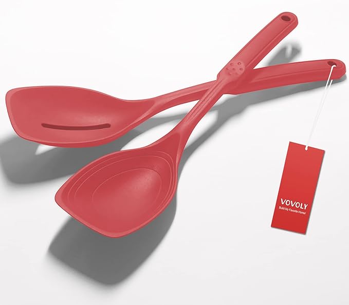 2 Pack Large Silicone Cooking Spoon, Non-Stick Slotted and Solid Spoon set with Deep Bolw and Measurement Mark for Mixing, Serving, Draining, Scooping, Scraping, Heat Resistant Kitchen Utensils, Red