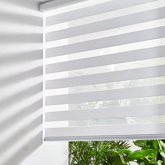 Persilux Zebra Blinds for Windows, Cordless Roller Blinds (16" W x 47" H, White) Light Filtering Sheer Window Treatments, Light Control for Day and Night, Room Darkening Roller Shades for Windows