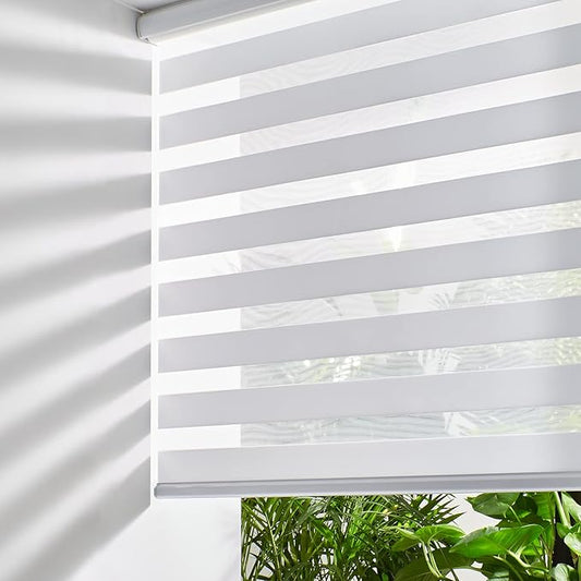 Persilux Cordless Zebra Blinds for Indoor Windows, Free-Stop Cordless, Light Filtering Sheer Shades Dual Layer for Day and Night, Roller Shades for Home (34.5" W X 47" H, White)