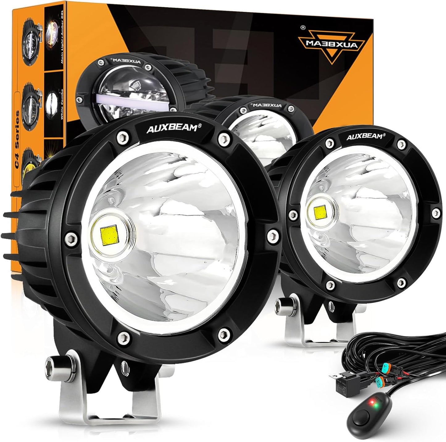 Auxbeam C4 Series Spot Beam LED Pod Lights, 4 Inch 72W Round Off-Road Lighting Automotive Bumper Spotlights, A-Pillar Fog Round Offroad Lights for Truck Jeep ATV Motorcycle, Pair