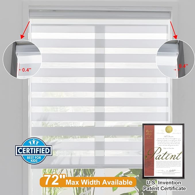 Persilux Cordless Zebra Blinds for Windows (55" W X 64" H, White) Free-Stop Windows Shades Dual Layer Light Control for Day and Night, Light Filtering Sheer Shades for Home, Easy to Install
