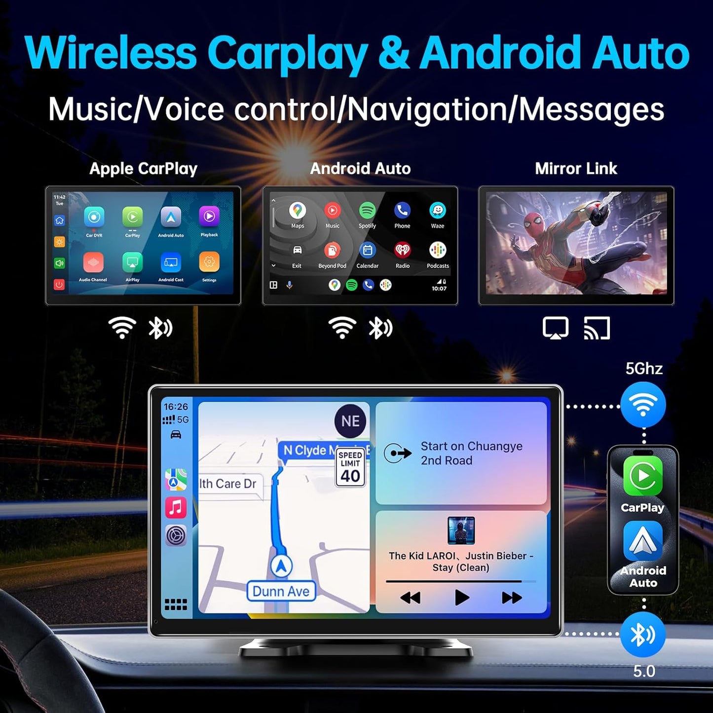 9" Wireless Apple CarPlay Android Auto Screen - 4K Dash Cam, GPS Navigation, HD Touchscreen, AirPlay, 1080P Backup Camera, Car Stereo - by Jataza