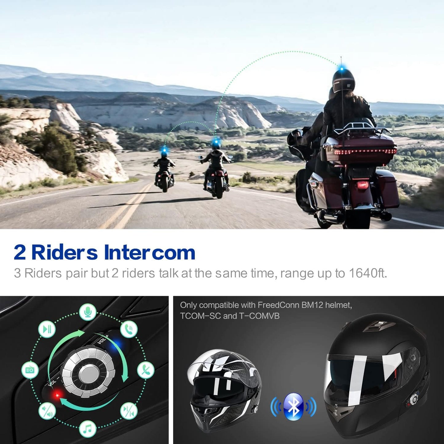 FreedConn BM2-S Bluetooth Motorcycle Helmet, Flip-Up Modular Motorbike Helmet, 500M Connectivity for 2-3 Riders, Voice Dial, Hands-Free Call, MP3, FM, DOT Certified (Large, Matte Black)