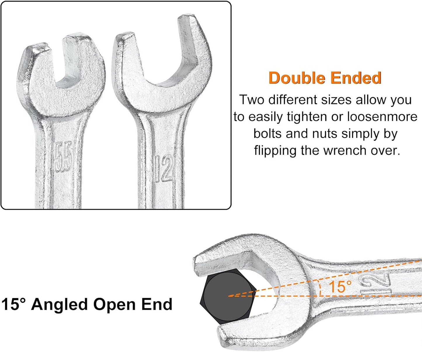 HARFINGTON Double Open End Wrench 14mm x 17mm Metric 15 Degree Offset Angle Small Flat Head Wrench Galvanizing Open Ended Spanner for Automotive Repair Furniture Assembly