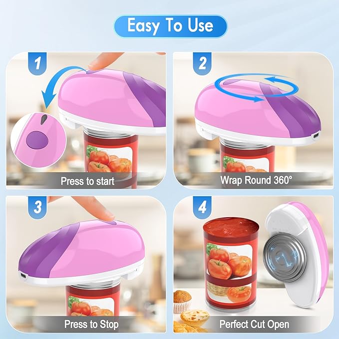 HuiJuKeJi Electric Can Opener, Rechargeable Automatic Can Opener for Seniors with Arthritis, One-Touch Hands-Free Can Opener for Almost Can Sizes, Smooth Edge & Food-Safe Kitchen Gadgets-Purple