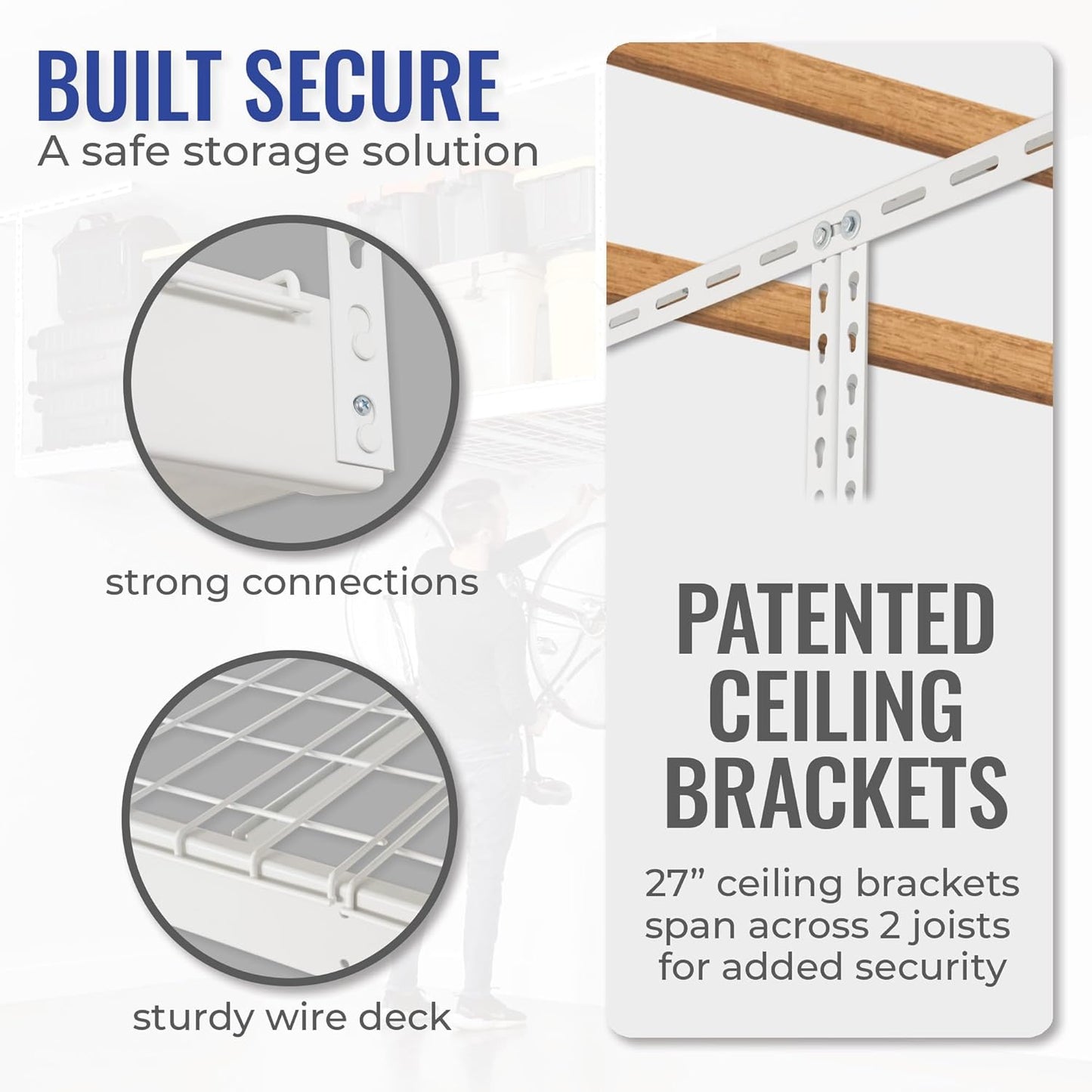 SafeRacks 4 ft x 8 ft Overhead Storage Rack Adjustable 24 in - 45in Height (White) With Accessory Pack With 8-Piece Deluxe Hook Accessory Pack