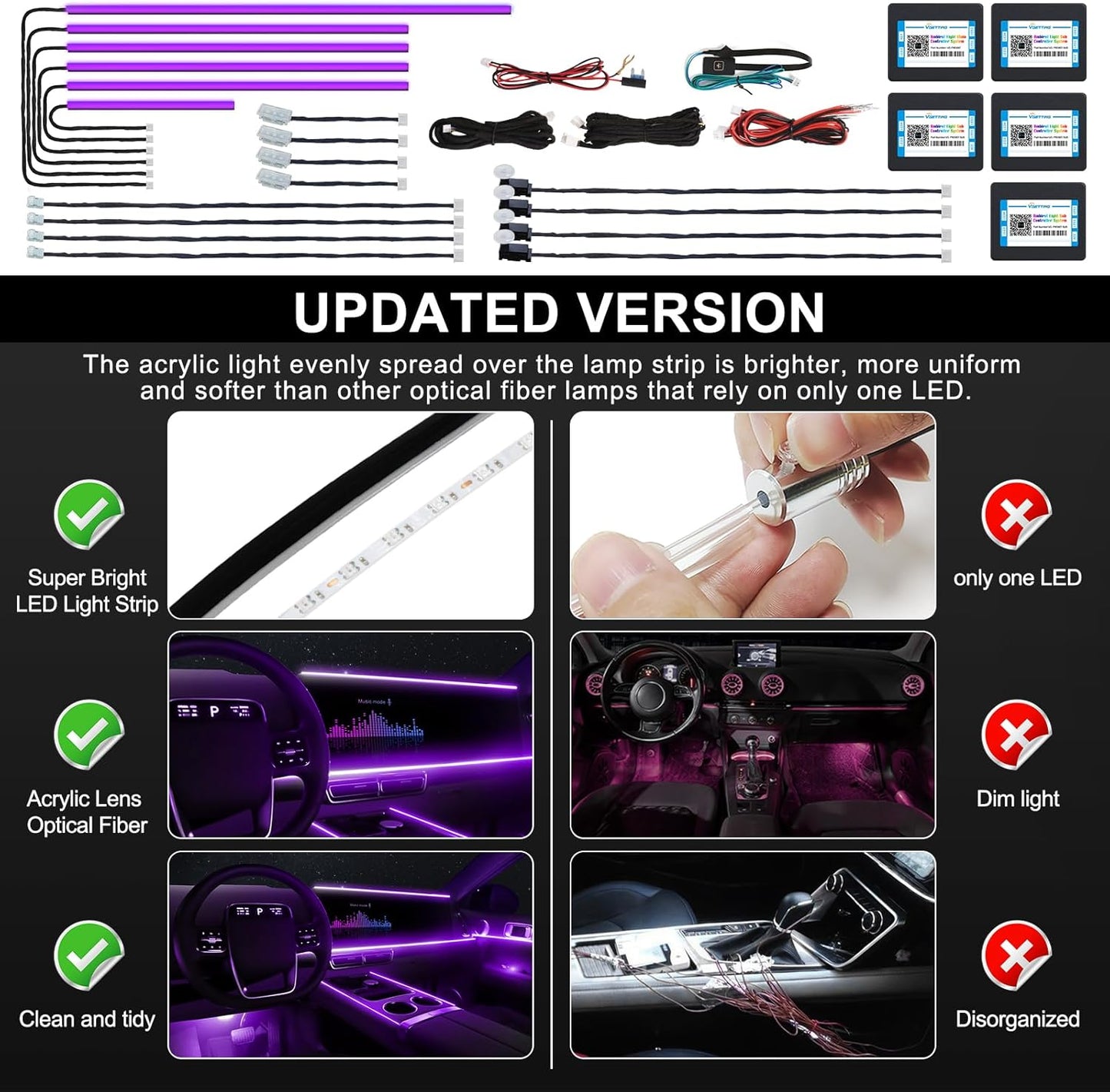 Acrylic Interior LED Strip Light With Wireless APP, RGB 18 in 1 With 175 Inches 600 LEDs Fiber Optic Ambient Lighting Kits for Car, 16 Million Colors Sound Active Function