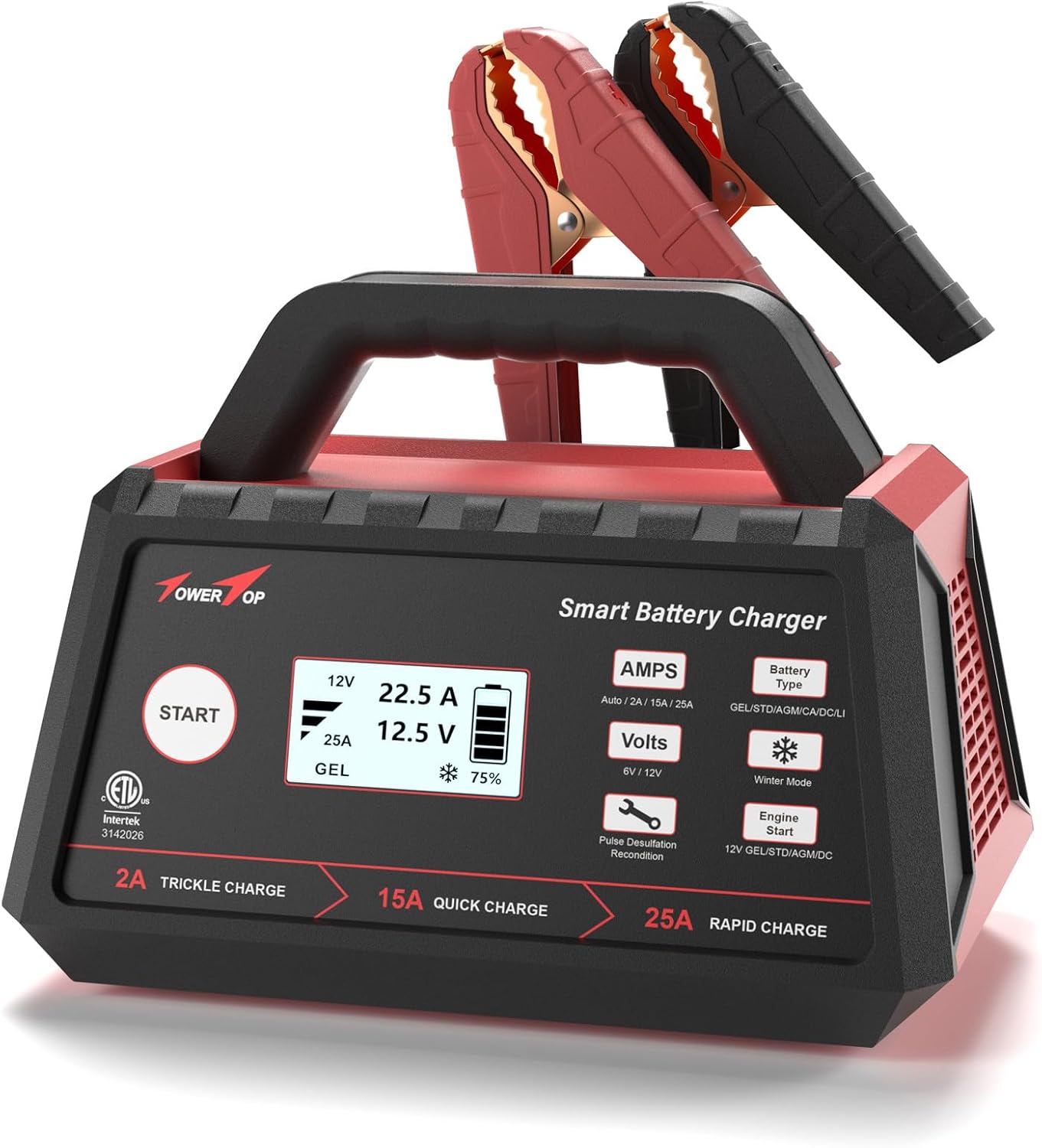 TowerTop 2/15/25 Amp Car Battery Charger, 6V/12V Fully Automatic Smart Battery Maintainer with Engine Start, Auto Desulfator, Battery Repair, Winter Mode, for All Lead-Acid and LiFePO4 Batteries