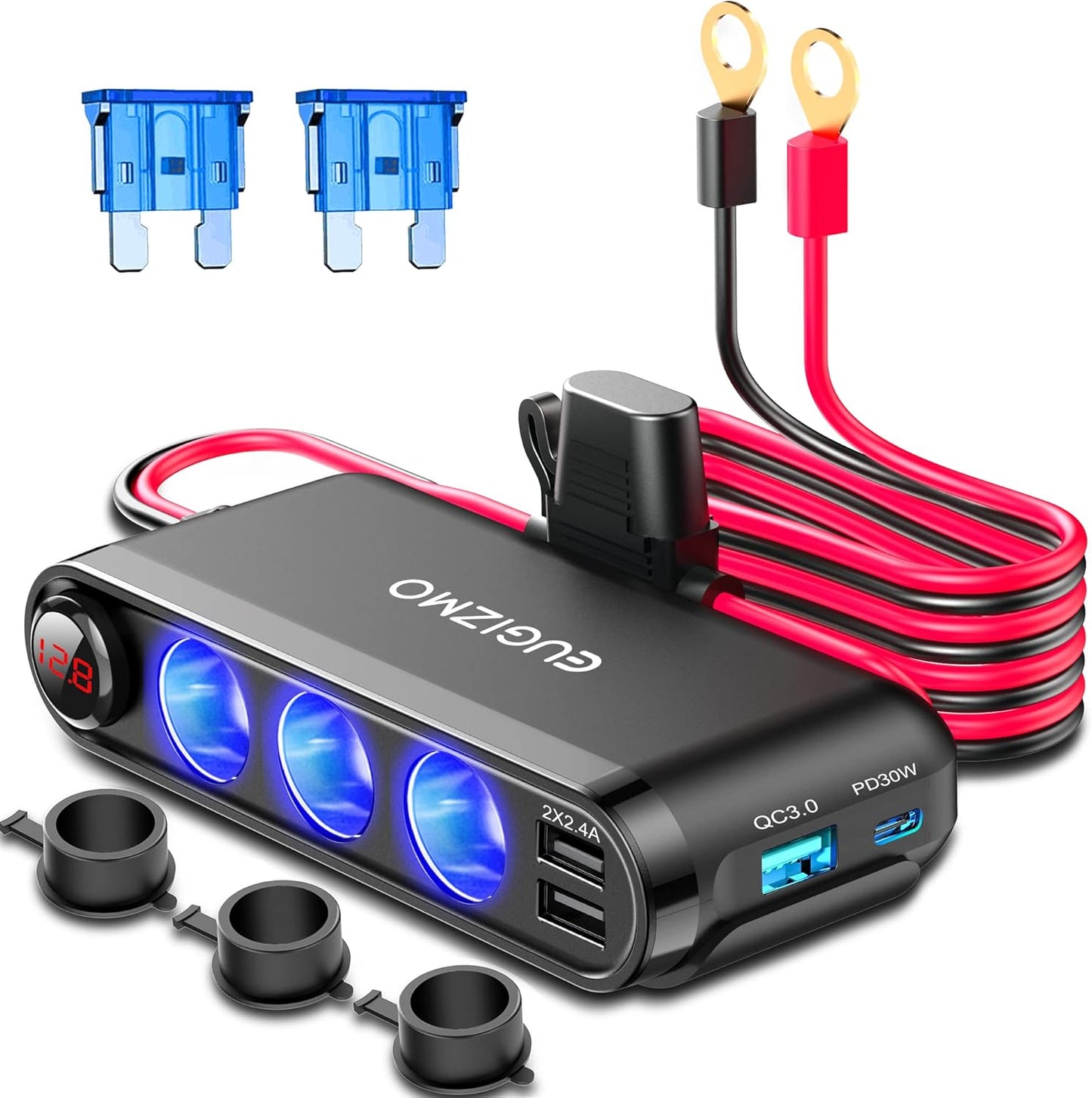 12V Cigarette Lighter Socket Splitter, 200W 3 Socket Multi Port Car Cigarette Lighter Adapter Plug Splitter USB Charger Auxiliary 12 Volt Power Outlet with Eyelet Terminal