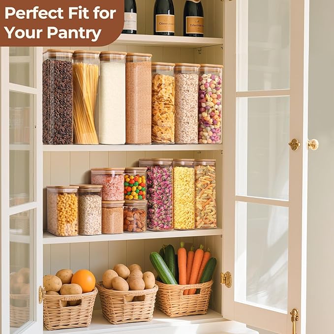 ComSaf 1.2 Qt Rectangle Glass Storage Containers with Lids, Glass Jars with Bamboo Lids, Clear Food Storage Jar, Sugar Coffee Containers, Pantry Container for Pasta Tea Candy Nut