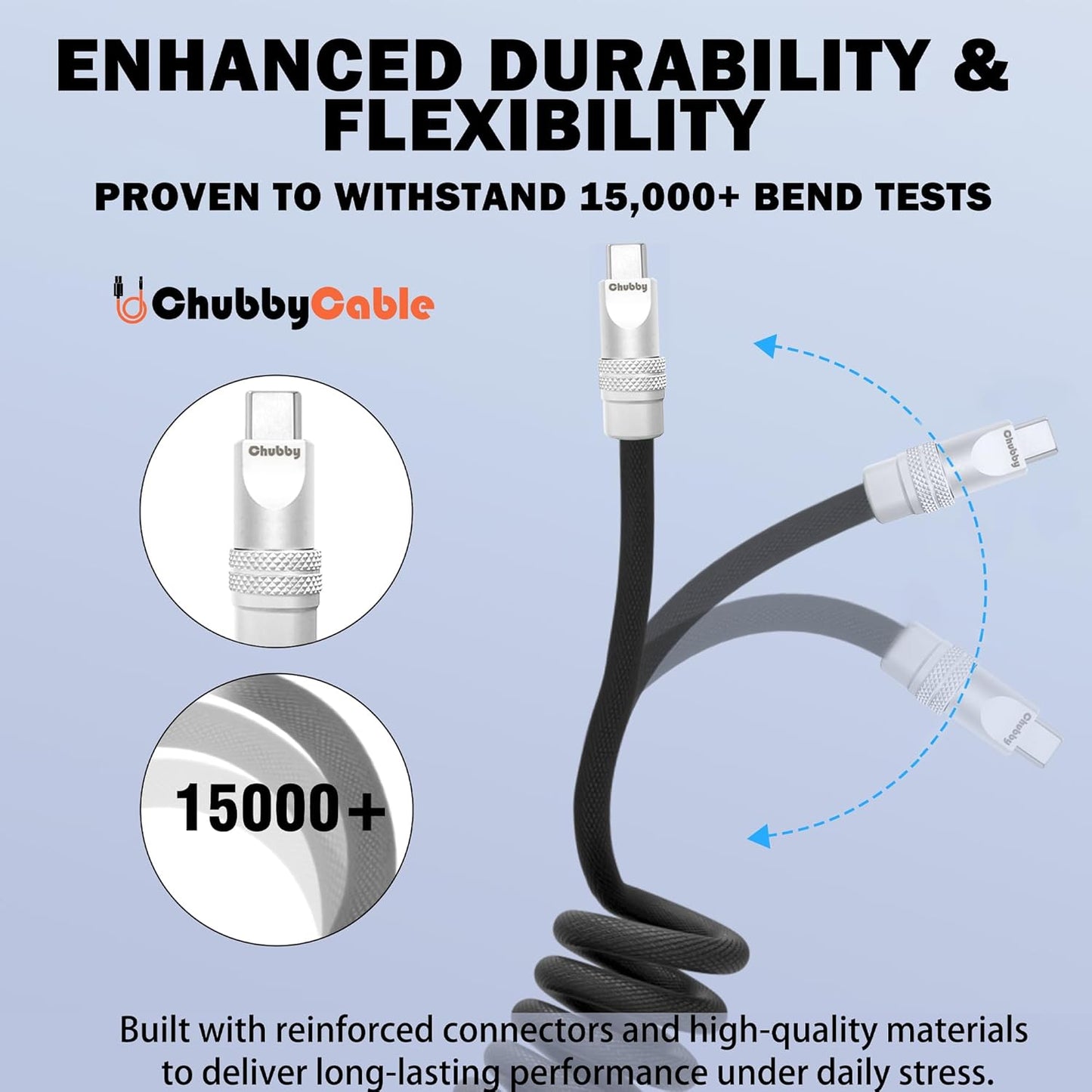 chubbycable Curly Chubby - Retractable Fast Charging Cable 240W Coiled Charger Cord for Car Durable USB-C Cable for Phones, Tablets and More, Pink, Type-C to Type-C, 1.3FT-2.3FT