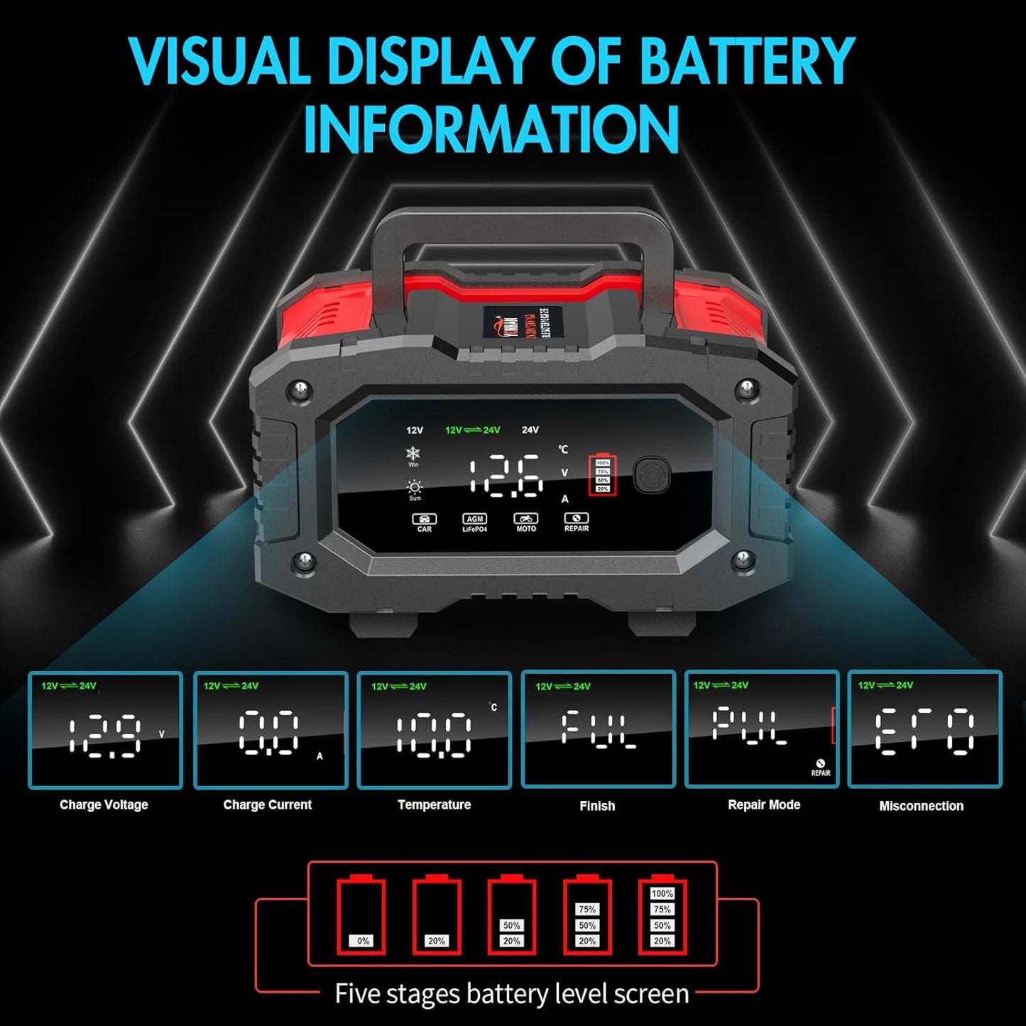 YONHAN Battery Charger 20A 12V/24V LiFePO4 Lead Acid Fully Automatic Battery Maintainer, Car Battery Trickle Charger Automotive w/Repair, Winter Mode, for AGM, STD, Gel, Deep Cycle Batteries