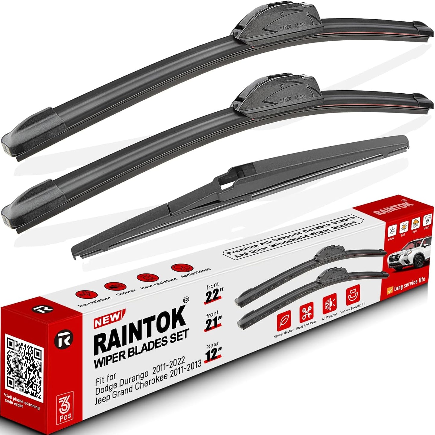 Windshield Wiper Blades Replacement for 2011-2022 Dodge Durango / 2011-2013 Jeep Grand Cherokee Original Factory Quality Front Rear Wipers Blade Set for My Car - 22" 21" 12" (Pack of 3)
