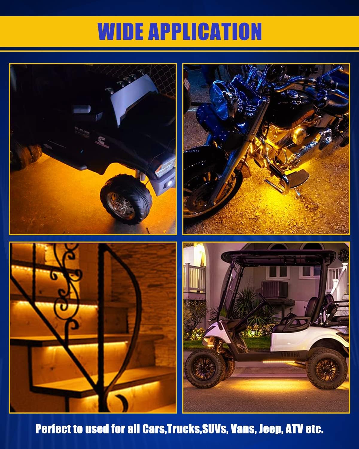 Amber Led Strip Light,12V Car Led Lights Interior IP68 Waterproof Cuttable for Car Motorcycles Boat Golf Cart Truck Cargo Home Decoration with Strong Nano Tape 12inch(Pack of 4)