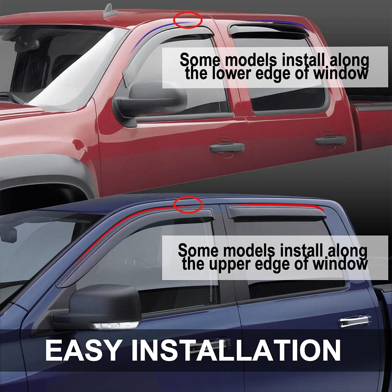 94975 Side Window Wind Deflector, 4pcs Out-Channel Tape-On Rain Guards Set,Window Visor fit for Ford F-150 2015-2022 Supercrew Cab (Crew Cab) F250-F550 2017-2022 Super Duty Supercrew Cab