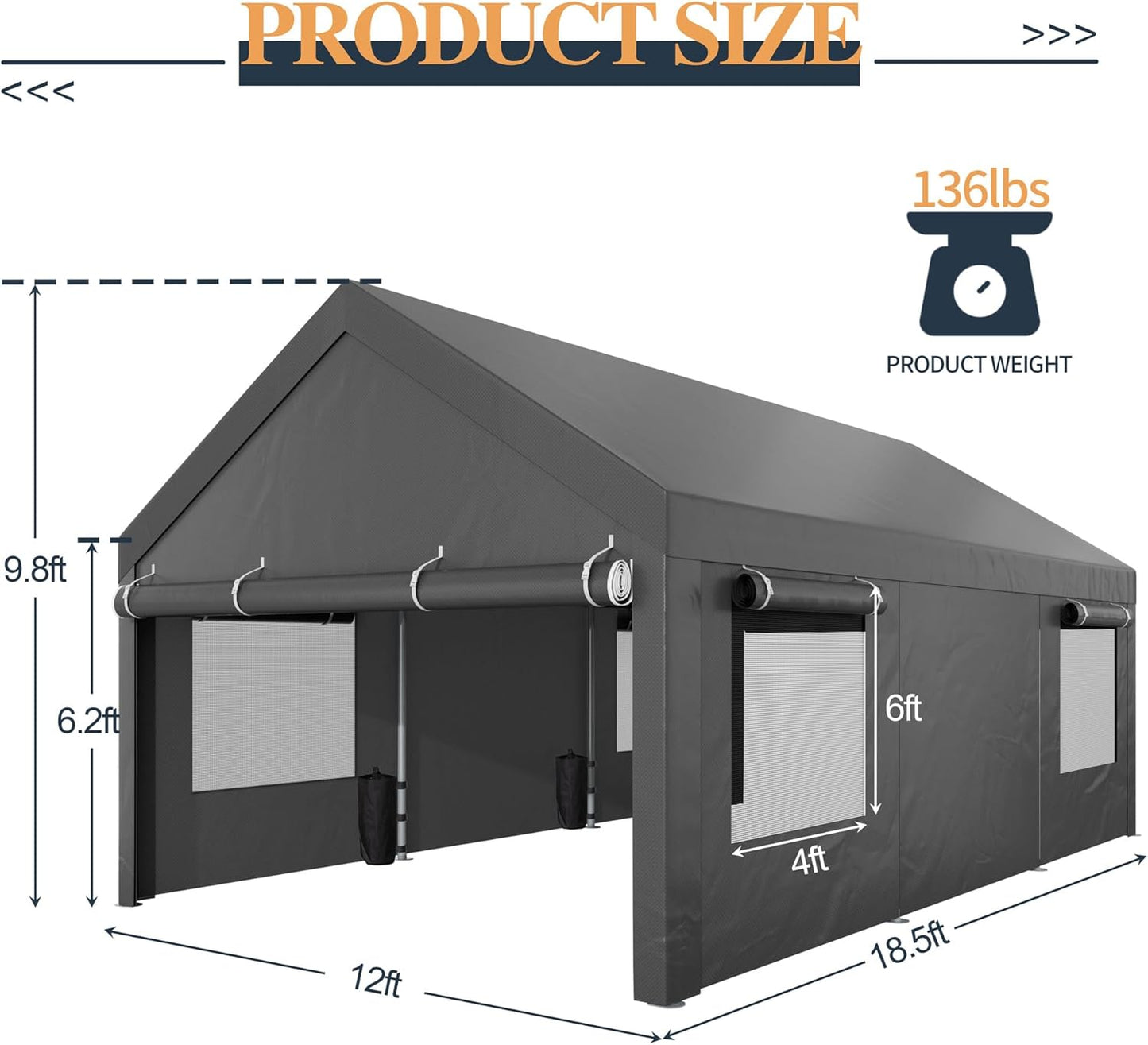 Shintenchi Carport 12' x 20' Heavy Duty Portable Garage, Carport Canopy with Side-Opening Door & Roll-Up Windows, Car Canopy for Truck,Car,Boat,Grey