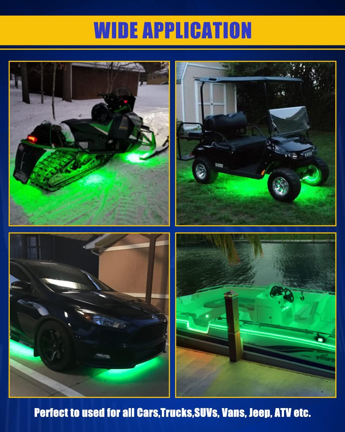 Green Led Strip Lights,24inch 12V Interior Light Strip IP68 Waterproof Cuttable for Car Motorcycles Boat Golf Cart Truck Cargo Home Decoration with Strong Nano Tape(4PCS)