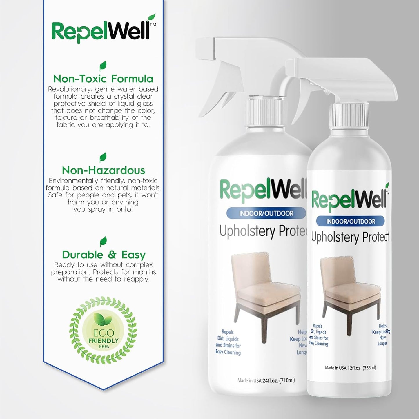 Eco-Friendly Upholstery Protect Stain & Water Repellent Spray 24oz – Non-Toxic, Pet-Safe Formula for Fabric, Leather, & Suede – Long-Lasting Stain Guard Keeps Furniture Clean & New