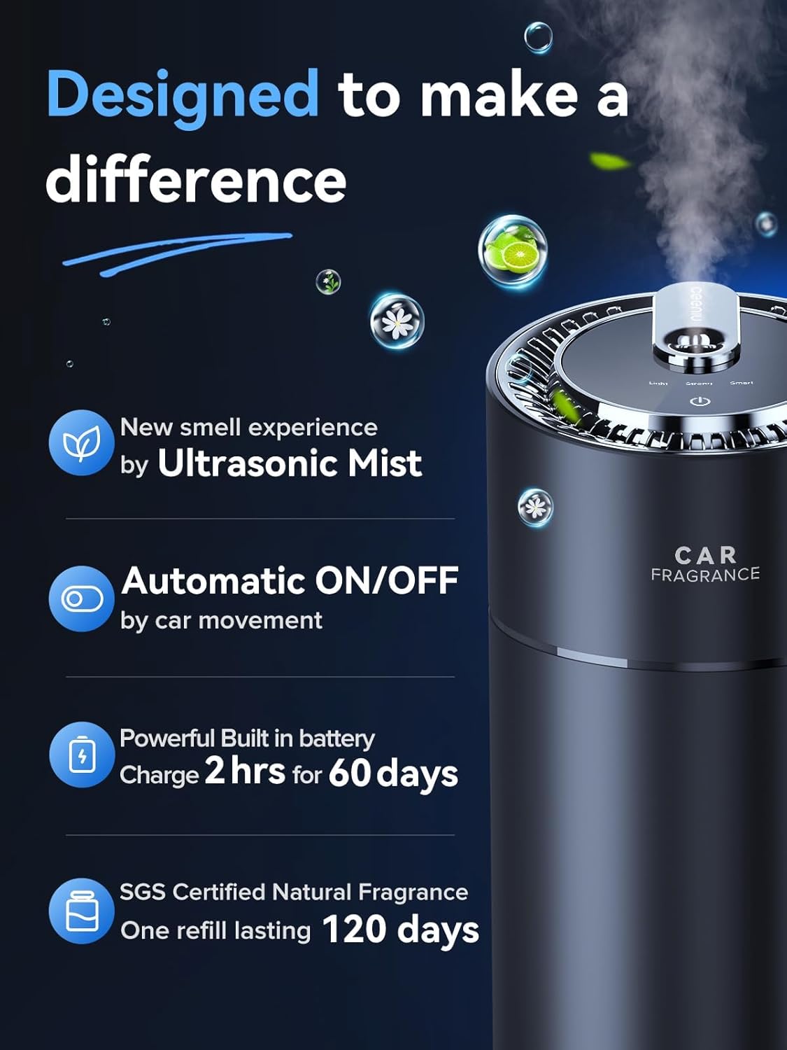 Ceeniu Smart Car Air Fresheners, New Smell Experience By Ultrasonic mist, Auto On/Off, Powerful Built-in Battery, Natural Fragrance, Adjustable Car freshener, Cologne Scent