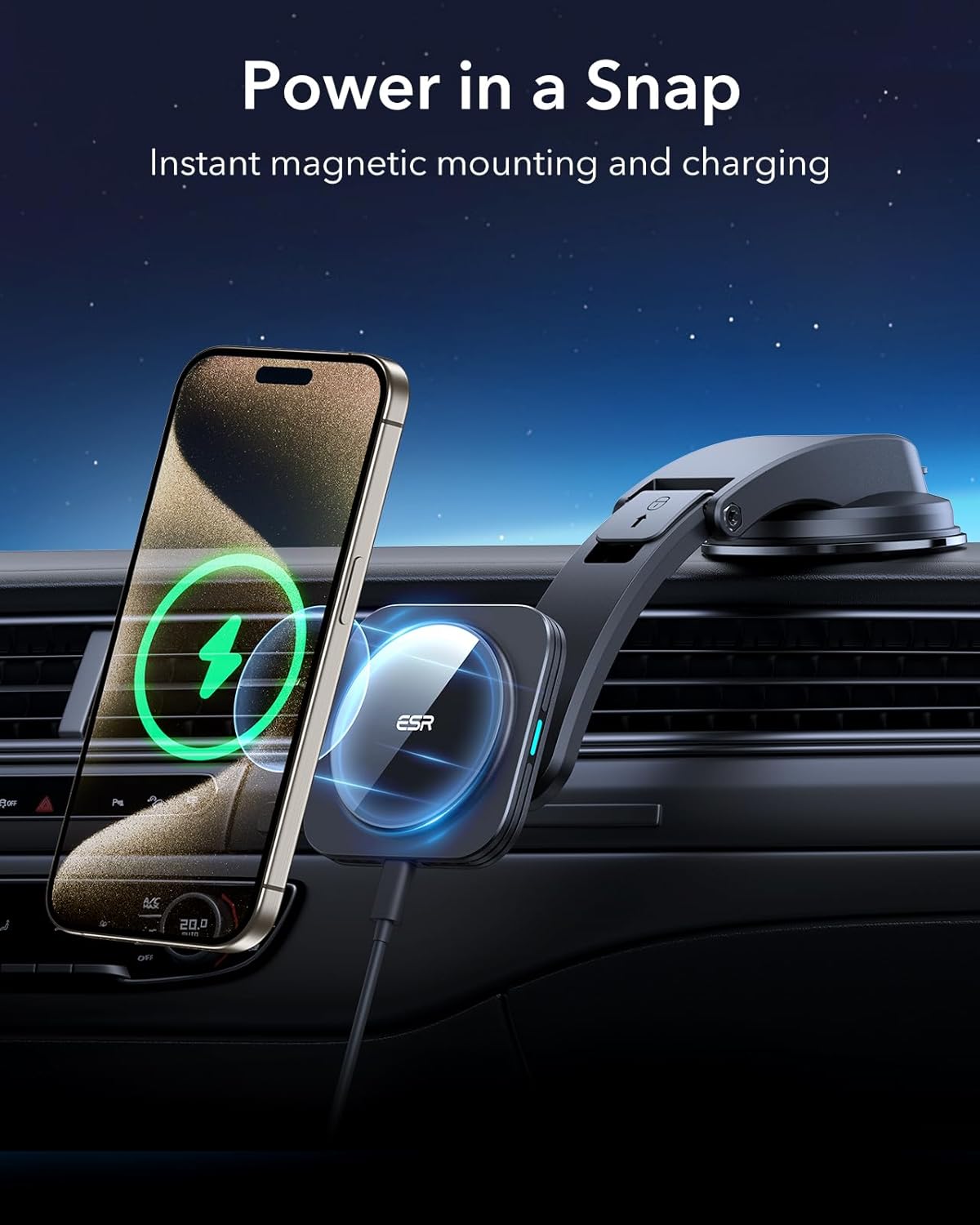 ESR for MagSafe Car Mount Charger, Dashboard Magnetic Wireless Car Charger Mount, Compatible with MagSafe Car Charger, for iPhone 16/15/14/13/12, Galaxy S25, Fast Charging, Car Accessories, Black