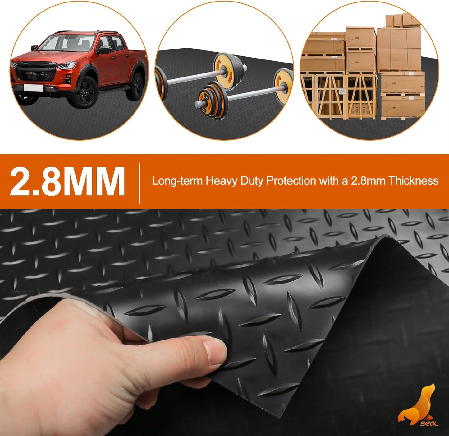 SEAL 4 x 15 Ft Premium Garage Floor Mat, Solid 2.8mm Thickened Black Commercial Grade Heavy Duty Parking Mat for Garage Floor, Golf Cart, Water/Stain Resistant Floor Runner (Embossed Diamond Plate)