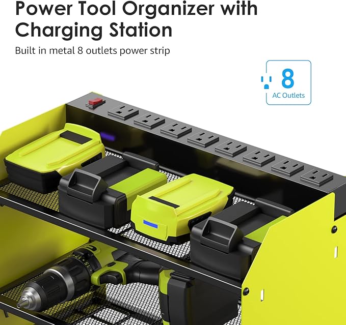 CCCEI Modular Power Tool Organizer Wall Mount with Charging Station. Garage Drill Storage Shelf with Hooks, Heavy Duty Rack, Tool Battery Holder Built in 8 Outlet. Gift for Men. Green, 1 Pack.