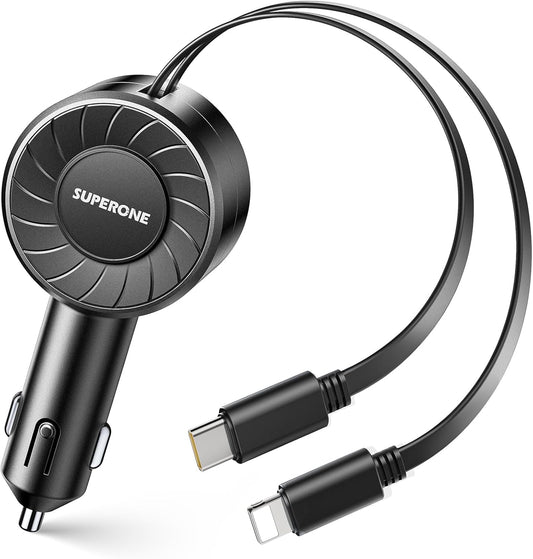 SUPERONE Retractable Car Charger with Retractable Cords, Small Fast Charge Retractable Car Phone Charger for iPhone and Android, Compatible with iPhone 16/15/14/13/12/11 Pro Max Samsung