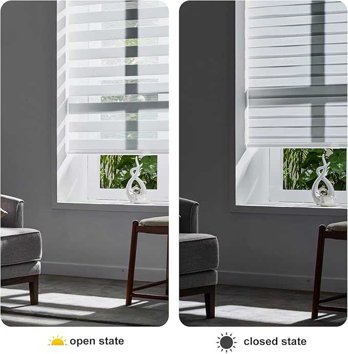 Persilux Cordless Zebra Blinds for Windows Free-Stop Roller Windows Shades (34" W X 72" H, White) Dual Layer Light Control for Day and Night, Light Filtering Sheer Shades for Home, Easy to Install