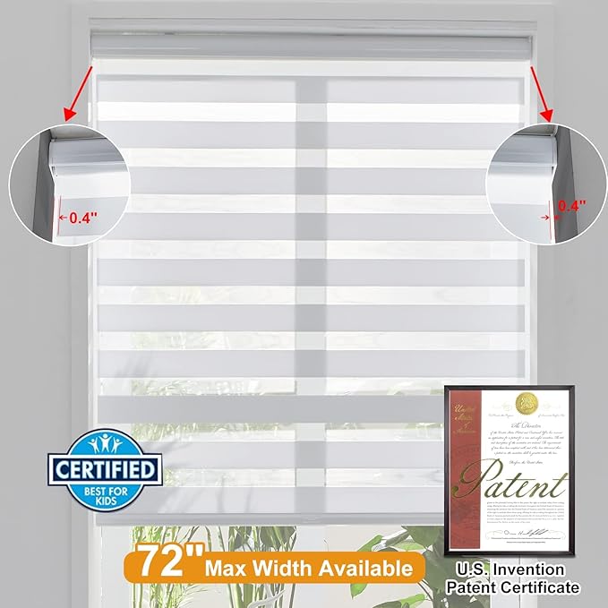 Persilux Zebra Cordless Roller Shades for Windows, Privacy Blinds (29" W x 72" H, White) for Sliding Door, Light Control for Day and Night, Home and Office
